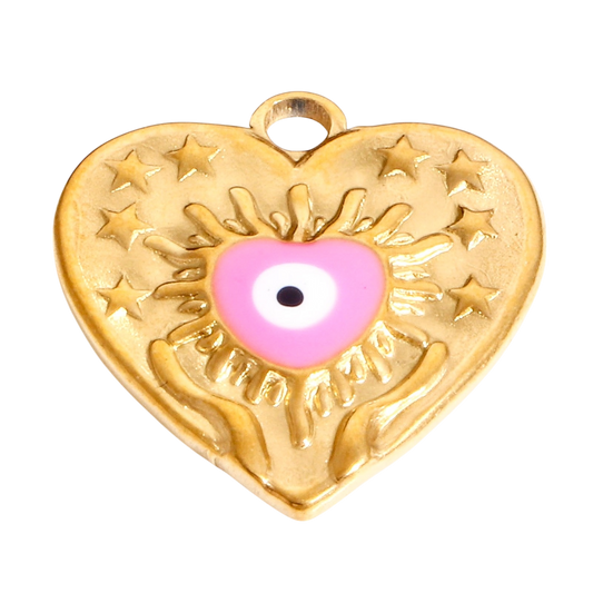 Gold Heart Evil Eye Charm (Pink)